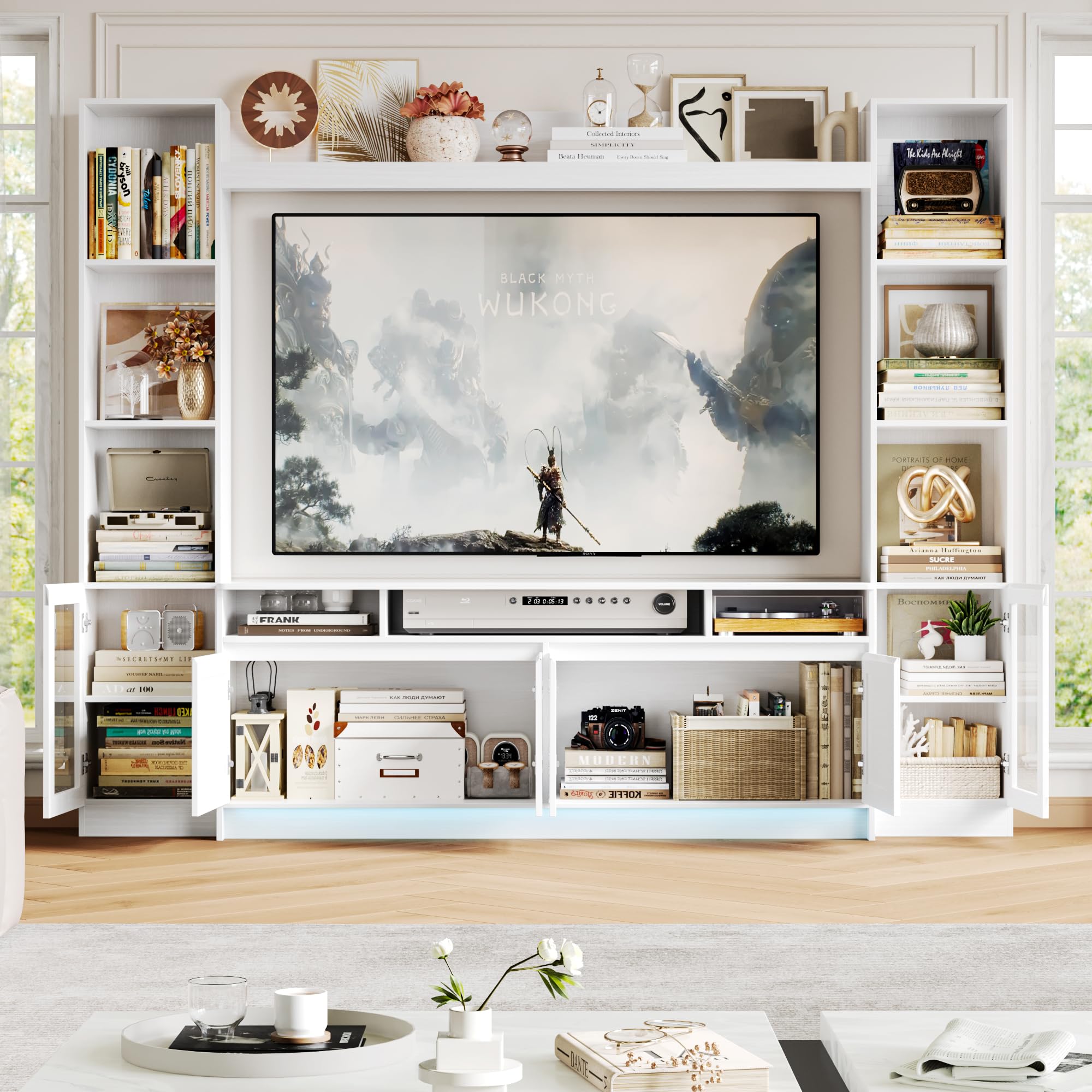 FACBOTALL 79" W Entertainment Center with Bookshelves & Storage Cabinet, Modern Wall Unit TV Stand for TVs up to 60", Large TV Console with LED Lights for Living Room, White