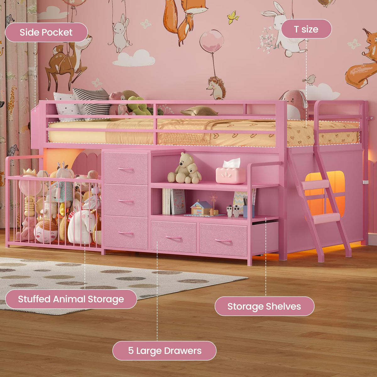 Low Loft Bed with Drawers & Shelves