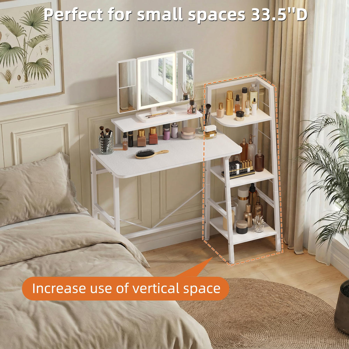 HIGDBFE Makeup Vanity Desk 33.5''W with Mirror and Lights, White