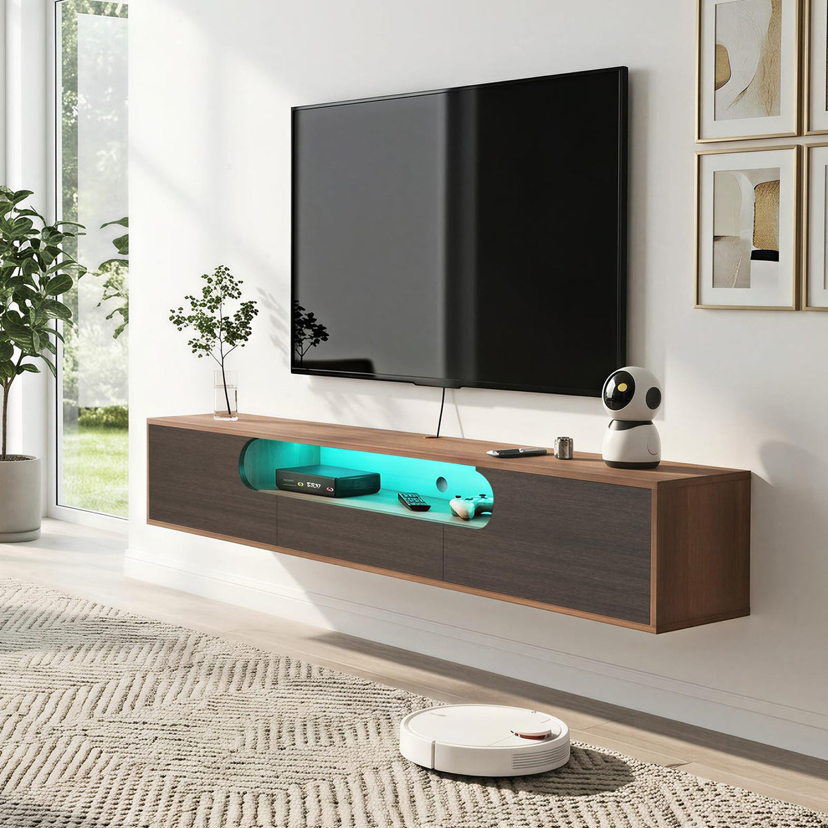 Bspibses Floating TV Stand with LED Lights,63'' Wall Mounted TV Console Floating Shelves Media Cabinet Entertainment Center with Open Door & Large Storage for Living Room Bedroom Media Room(Walnut)