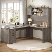SEDETA Farmhouse L Shaped Desk with Hutch and 3 Drawers, 68.9" Executive Office Desk with File Drawer and Power Outlet, Corner Computer Desk with Storage Shelves for Home Office (Grey)