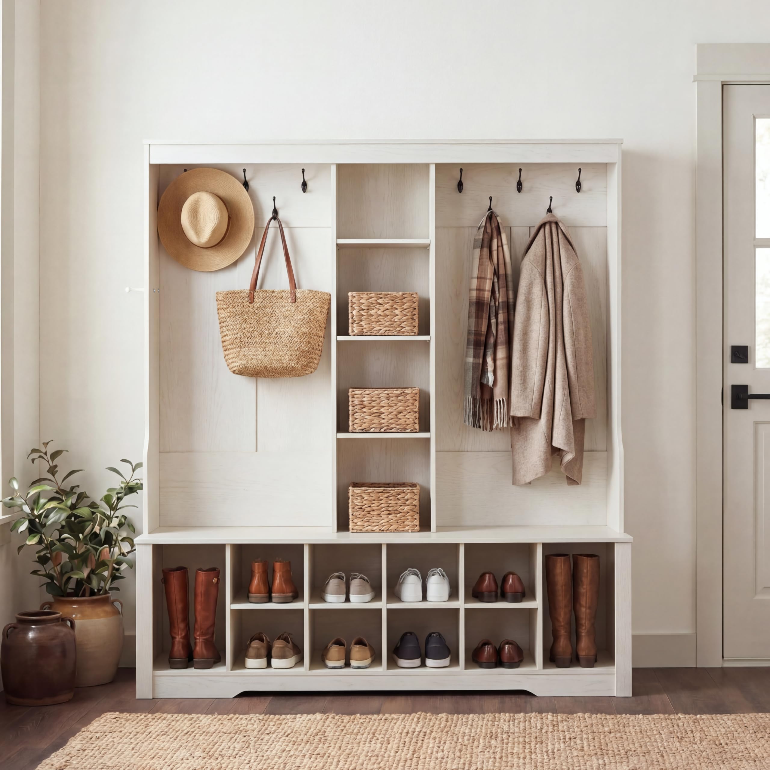 CasaGlajore 59” Hall Tree with Bench and Shoe Storage, Entryway Coat Rack with 10 Hooks & Open Shelves, Space Saving Hall Tree with 10 Shoe Cubbies for Hallway, Mudroom, Living Room