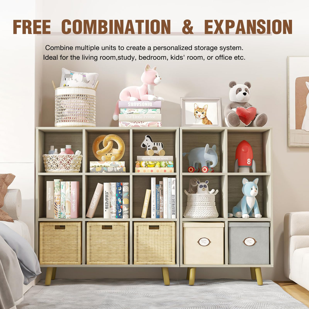 ELYUP 9-Cube Open Shelf Bookcase - 3-Tier Wooden Bookshelf with Legs, Oak
