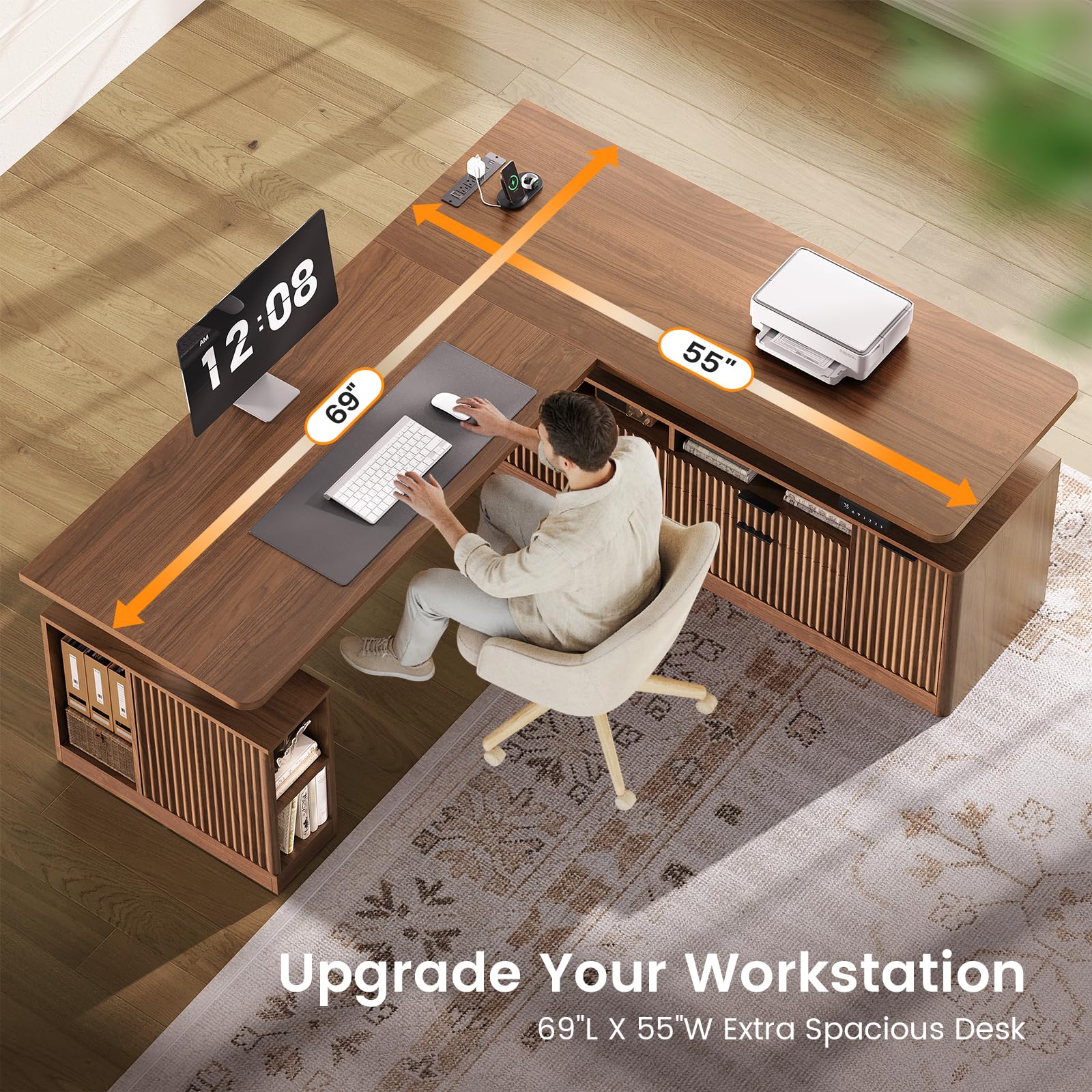 SEDETA L Shaped Electric Standing Desk, 69" x 55"Height Adjustable Office Executive Desk with 4 Drawers and Storage Shelves, Fluted Sit Stand Computer Desk with Power Outlet for Home Office