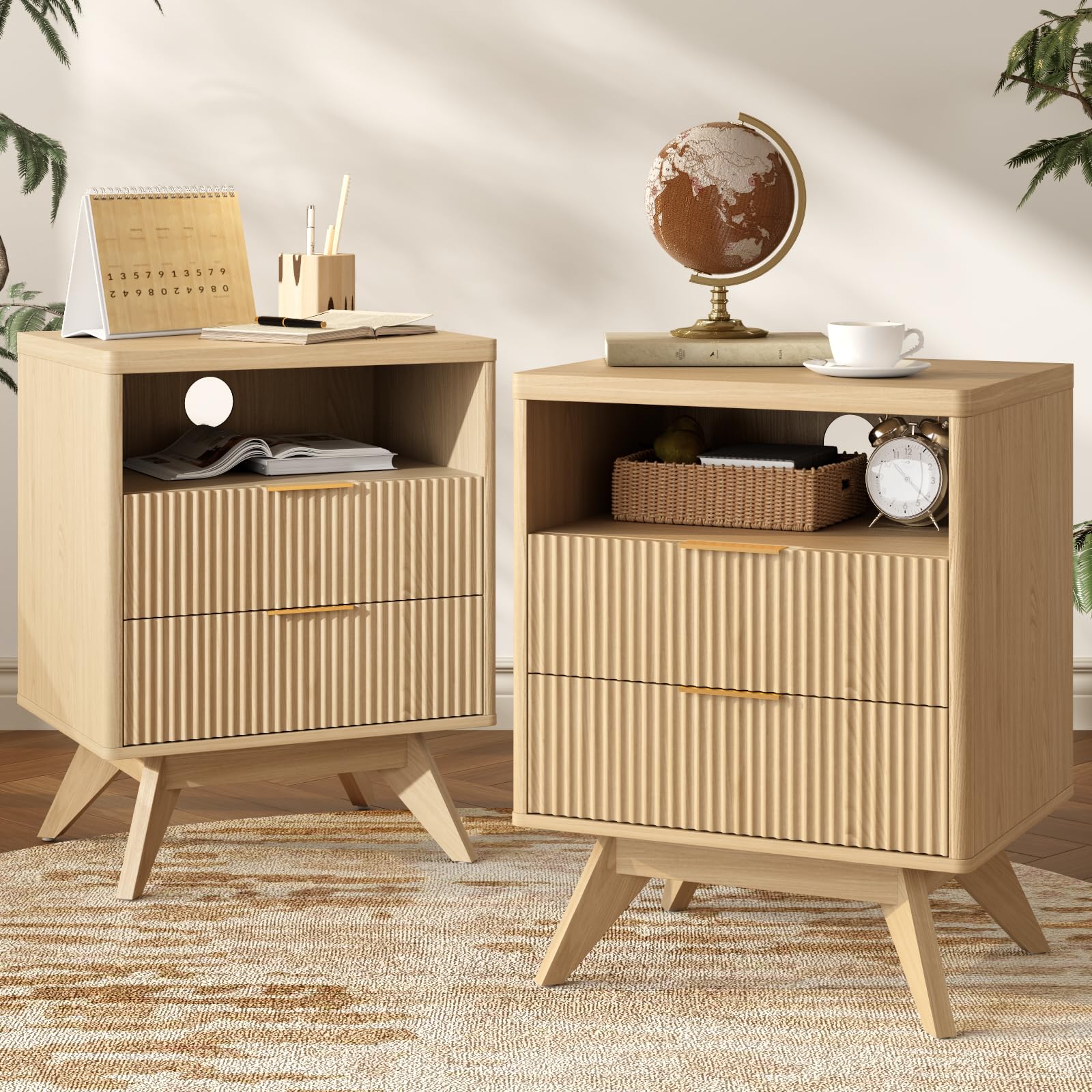 Fluted Nightstand Set of 2 with Drawer & Open Shelf