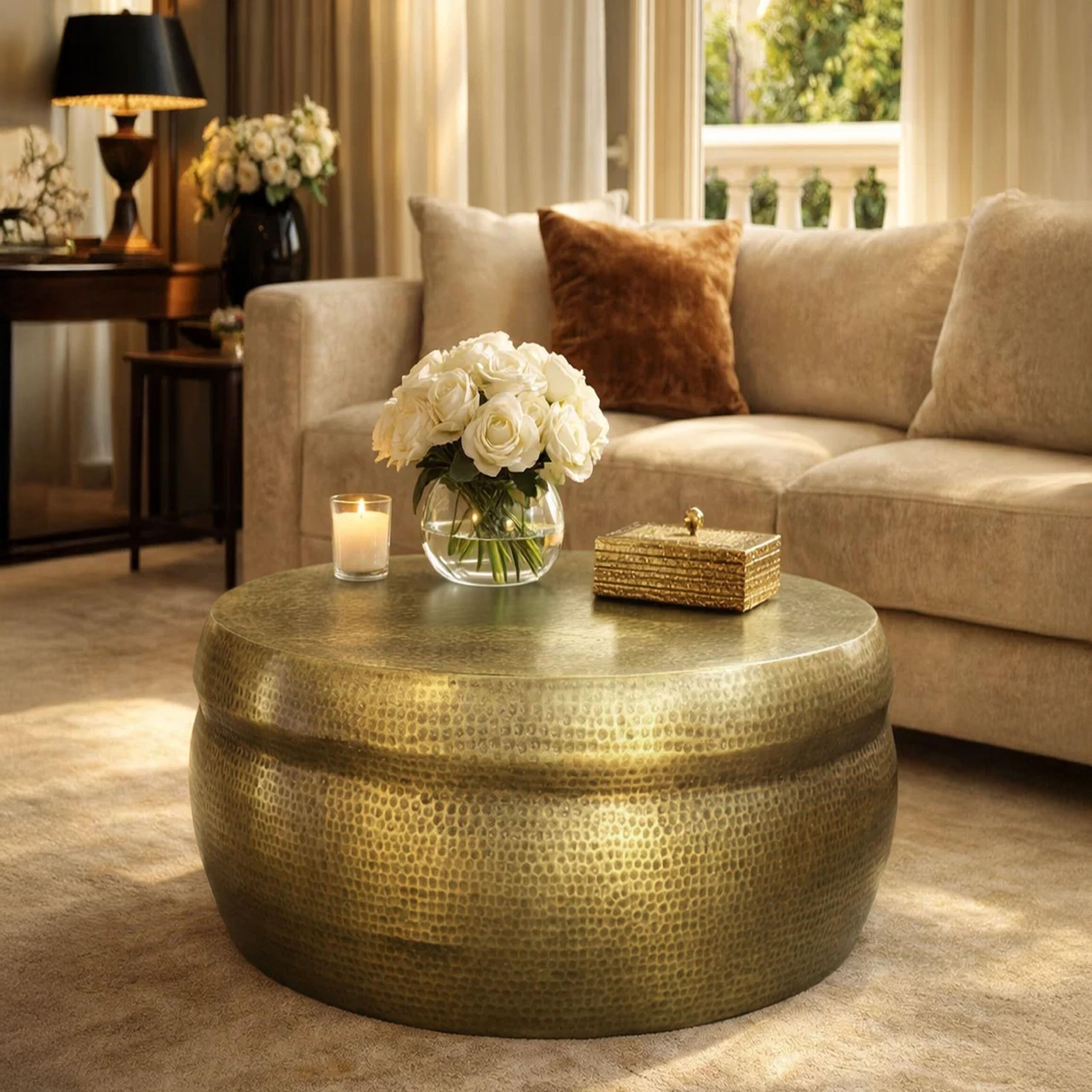 Round Antique Brass Coffee Table – 32 Inch