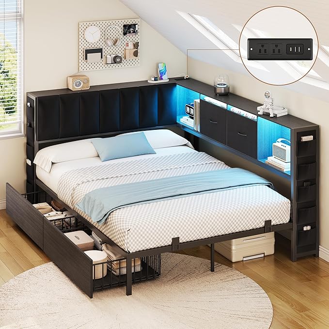 L-Shaped Corner Bed Frame with Storage & LED