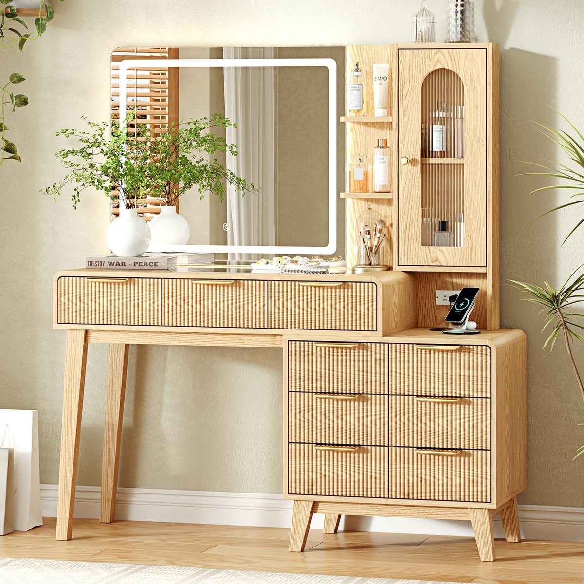 Glass-Top Makeup Vanity with LED Mirror