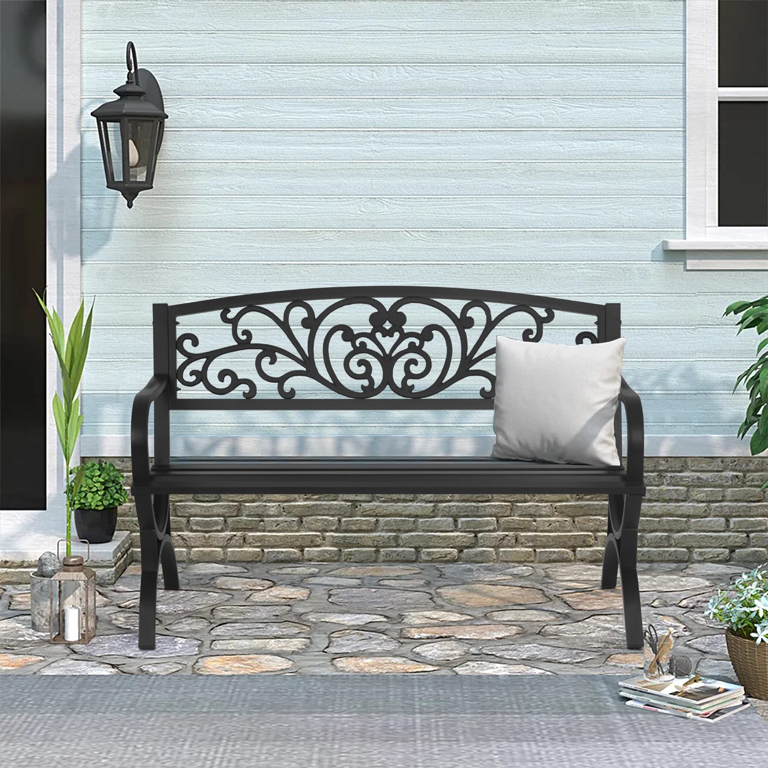 50-Inch Outdoor Metal Bench with Floral Backrest