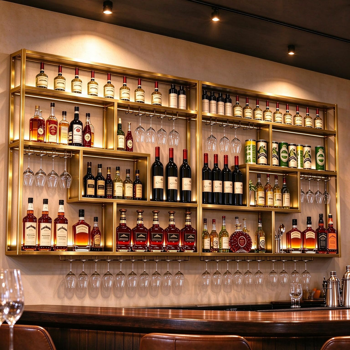 Gold Wall-Mounted Wine Rack with Glass Holder