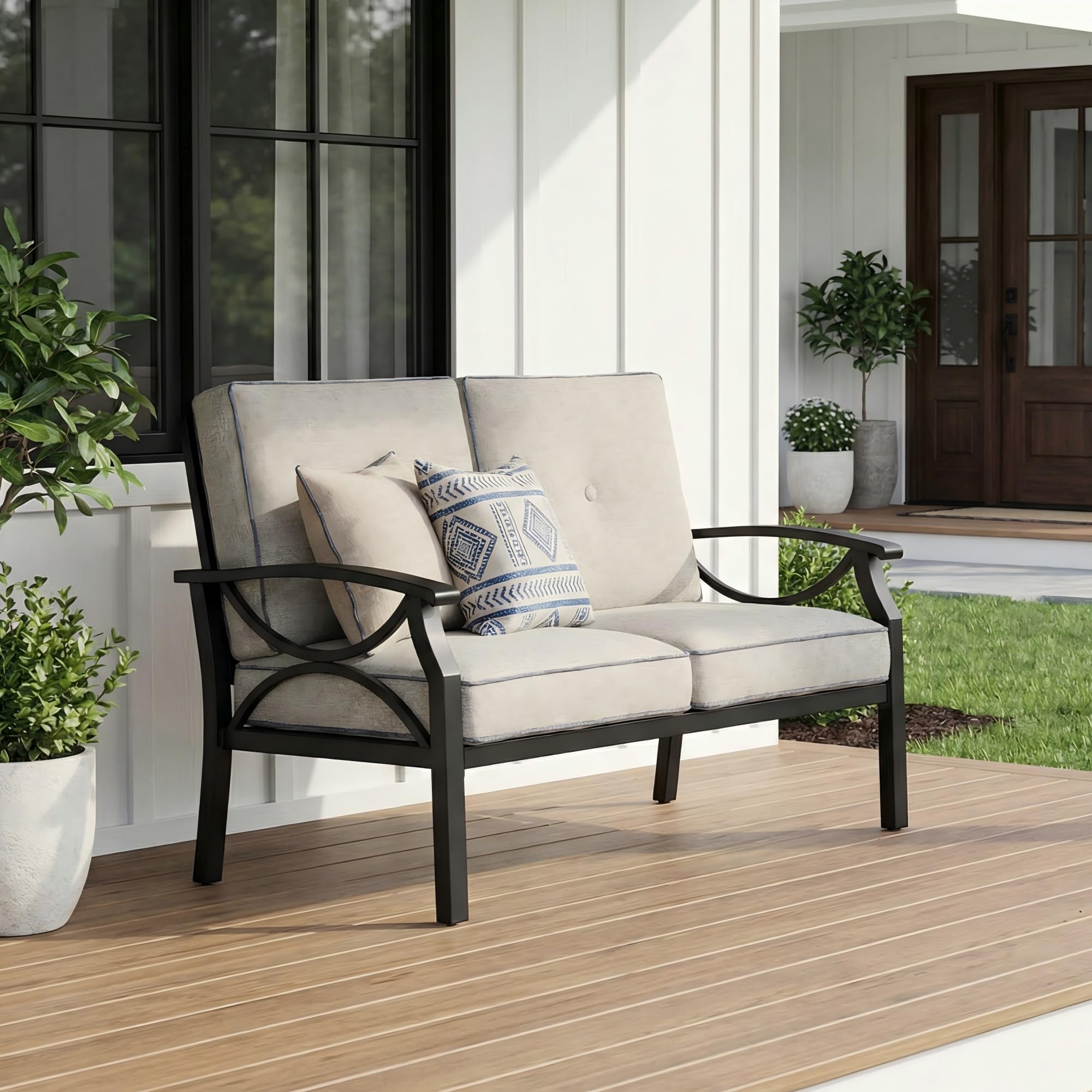 Outdoor Patio Loveseat with Cushions, Black Steel Frame