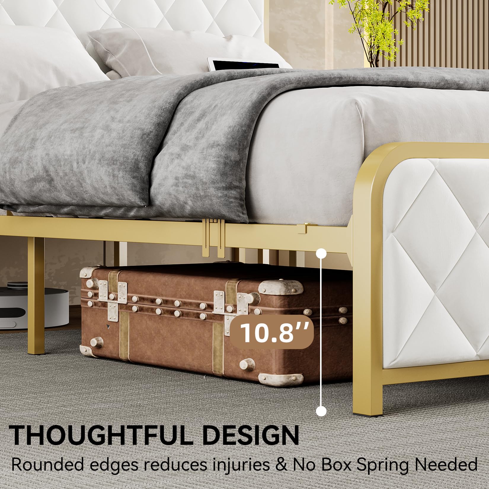 OUTGOODS King Bed Frame with Velvet Storage Headboard, Heavy Duty Steel Slats Support Metal Platform Bed Frame w/Charging Station & LED, APP ＆ Remote Control, Noise-Free/No Box Spring Needed, Beige