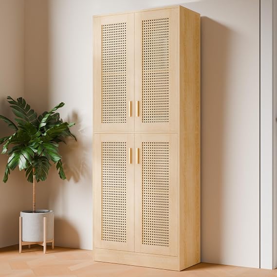 Tall Rattan Door Storage Cabinet with Adjustable Shelves