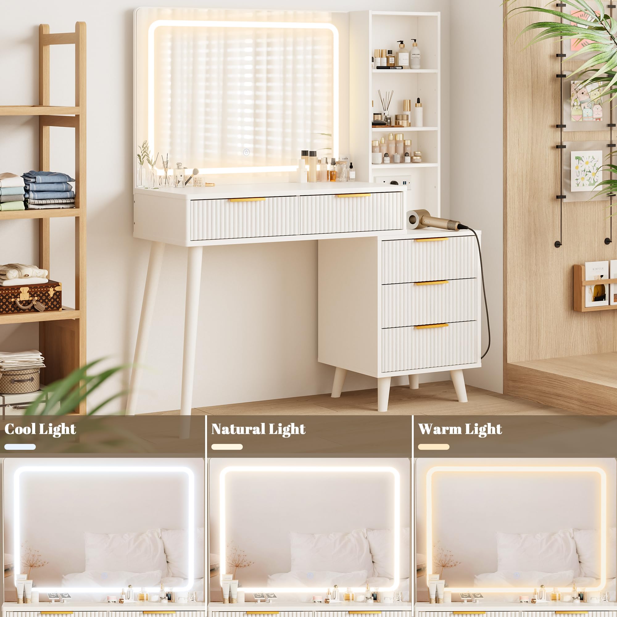 Vanity Desk with Mirror and Lights, Makeup Vanity Desk with Power Outlet, Makeup Desk with 5 Drawers&Storage Shelves, Vanity Table 3 Color Modes Adjustable Brightness Dressing Table Set for Bedroom