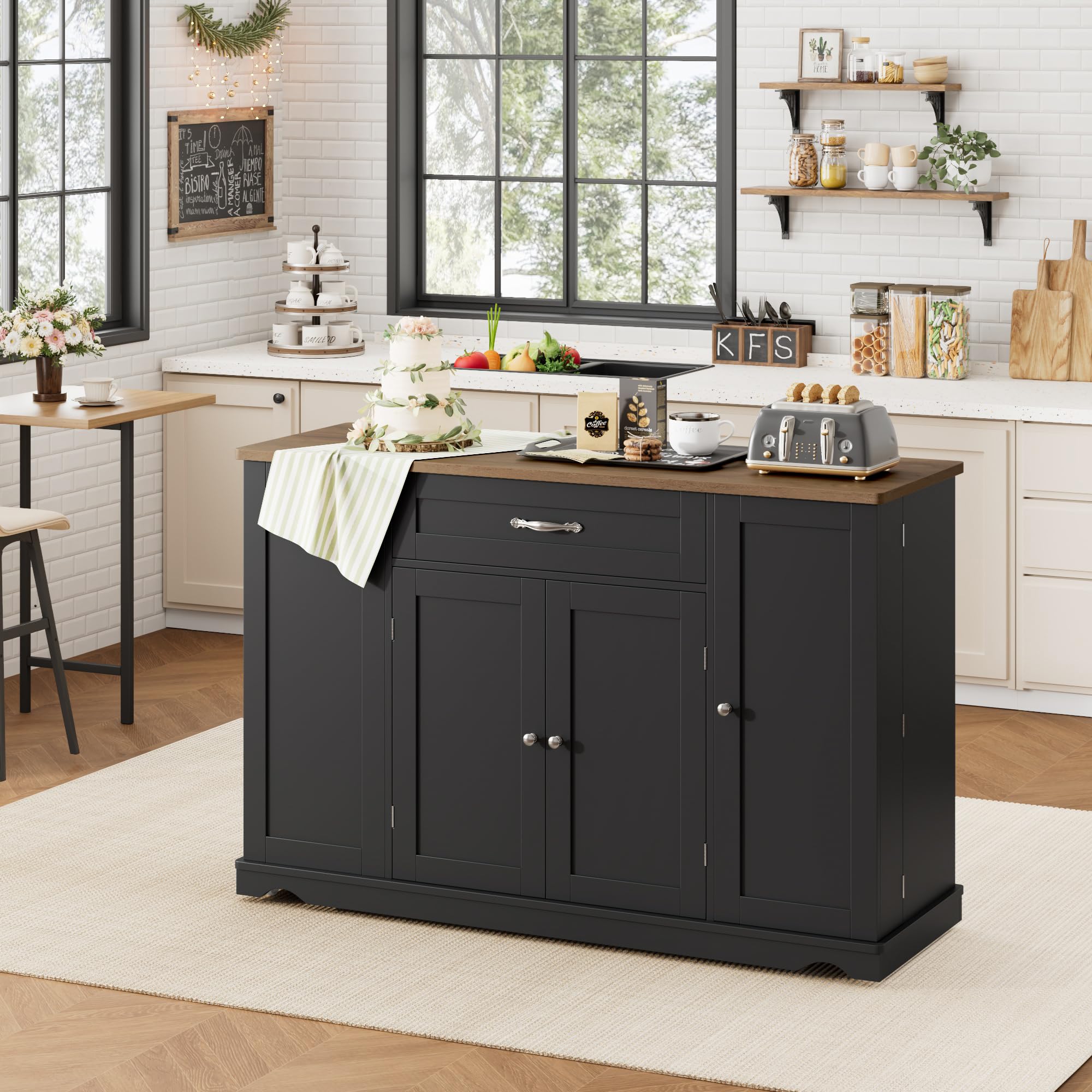 HOSTACK Kitchen Island Cart with Storage, 47'' Kitchen Storage Island on Wheels with 2 Drawers, Rolling Island Table with Adjustable Shelves, Mobile Buffet Sideboard Cabinet for Dining Room, Black