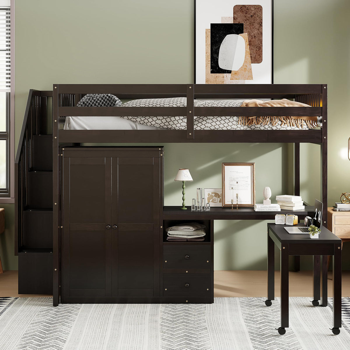 Merax Kids Full Multifunction Loft Bed with Desk/Wardrobe, Wood Storage Loft Bed with Staircase, Bookshelf & Drawers, No Box Spring Needed, Space Saving, Espresso