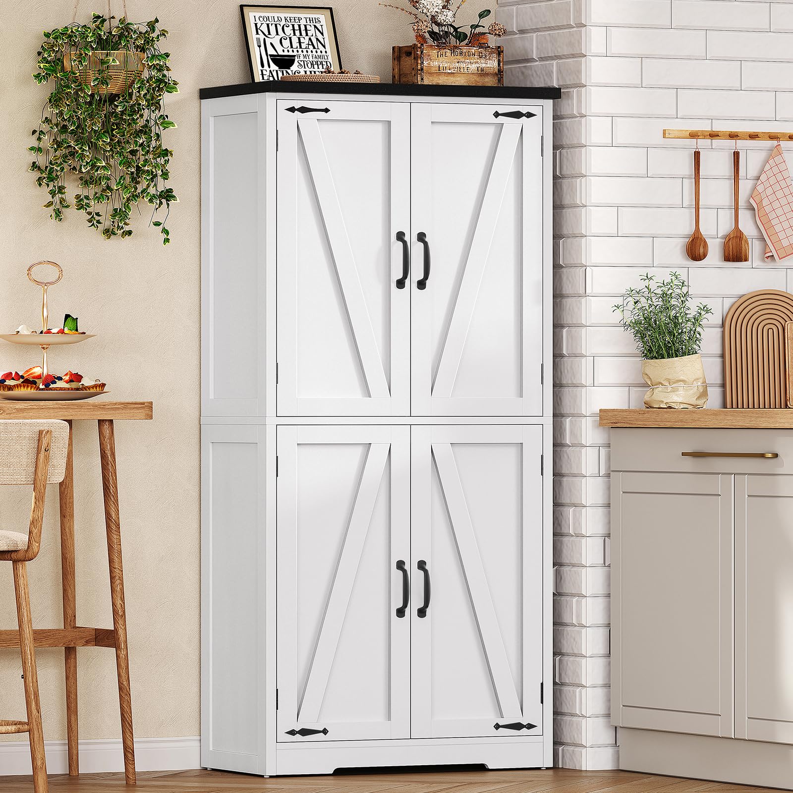TEENFON 58" H Storage Cabinet with Adjustable Shelf, Farmhouse Kitchen Pantry Cabinet, Bathroom Cabinet with 4 Doors, Cupboard for Kitchen, Bathroom, Living Room, White
