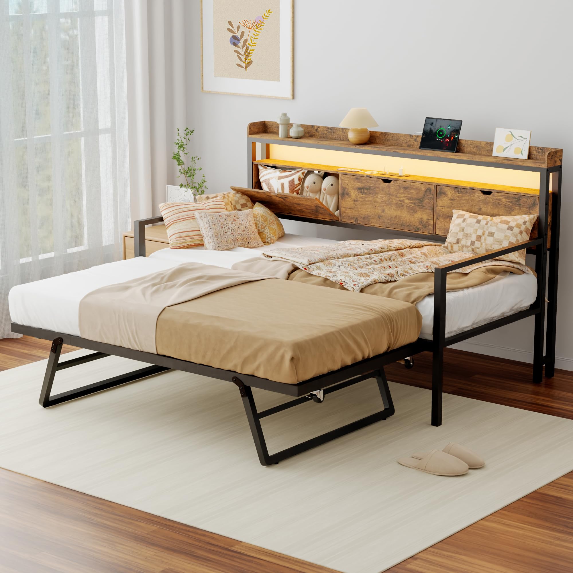 MU Twin Daybed with Trundle and Storage Headboard, Heavy Duty Metal Twin Bed Frame with Charging Station & LED Light, Day Bed with Pop Up Trundle Bed Twin for Living Room, Bedroom, Rustic Brown