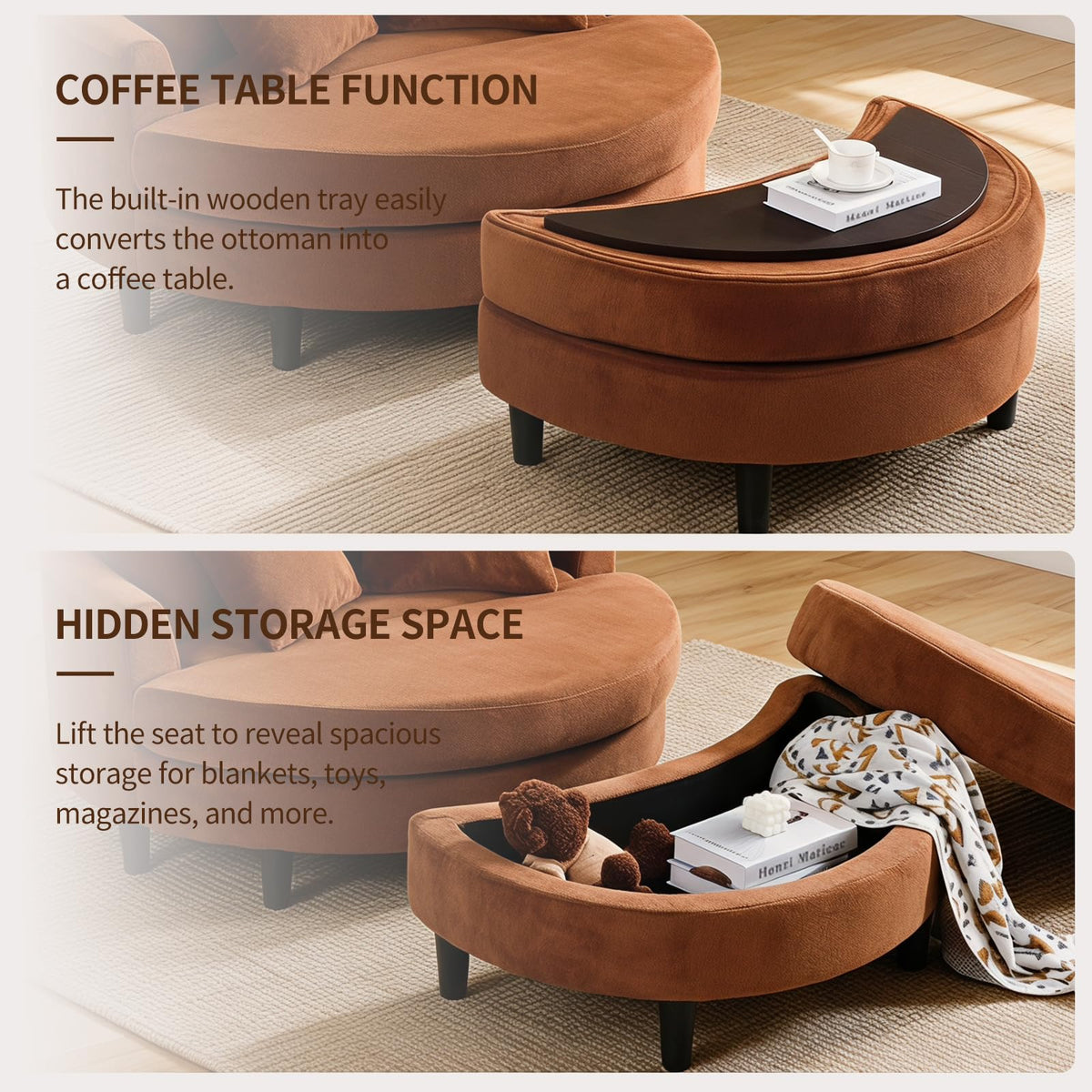 GKUOMEOLE Oversized Accent Barrel Chair Large Round Chair 70.35" Chenille Lounge Chair with Multifunctional Ottoman&5 Throw Pillows Brown
