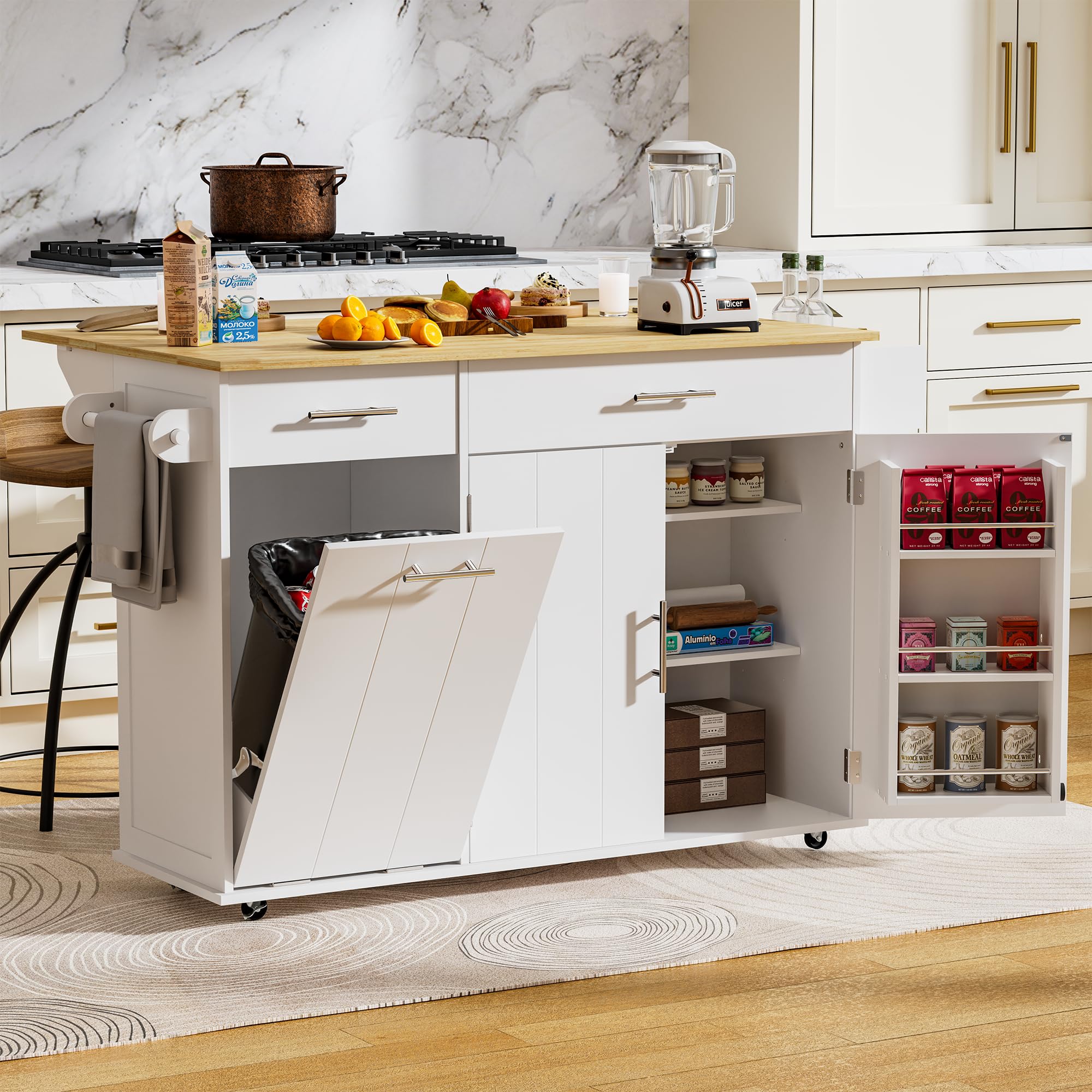 Rolling Kitchen Island with Trash Can & Drop Leaf