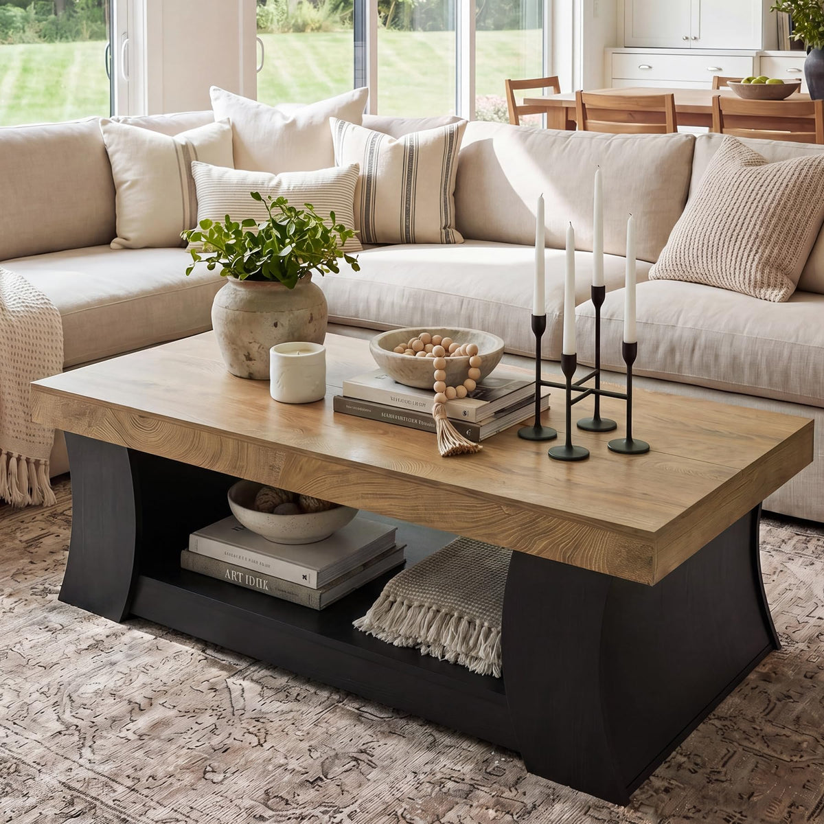 LITTLE TREE 55" Coffee Table, Living Room Table with Storage Shelf, Wooden Coffee Table, Modern Farmhouse Rectangle Center Table for Living Room, Bedroom, Office, Rustic Brown+Black