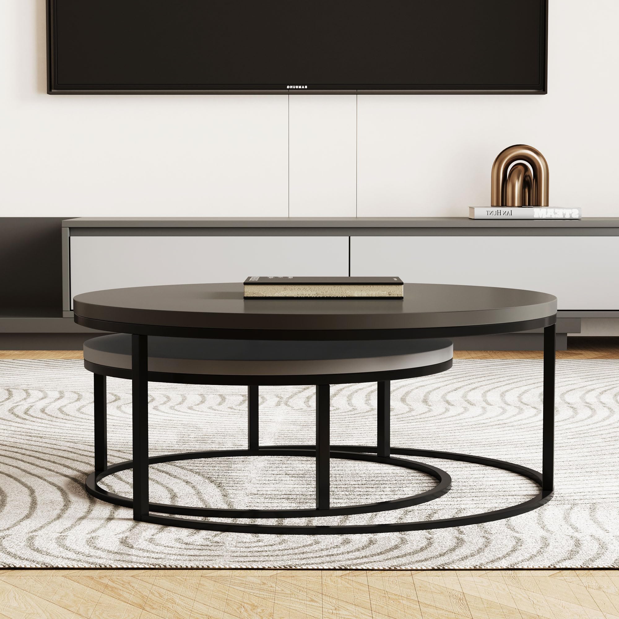 Round Nesting Coffee Table Set with Black Metal Legs