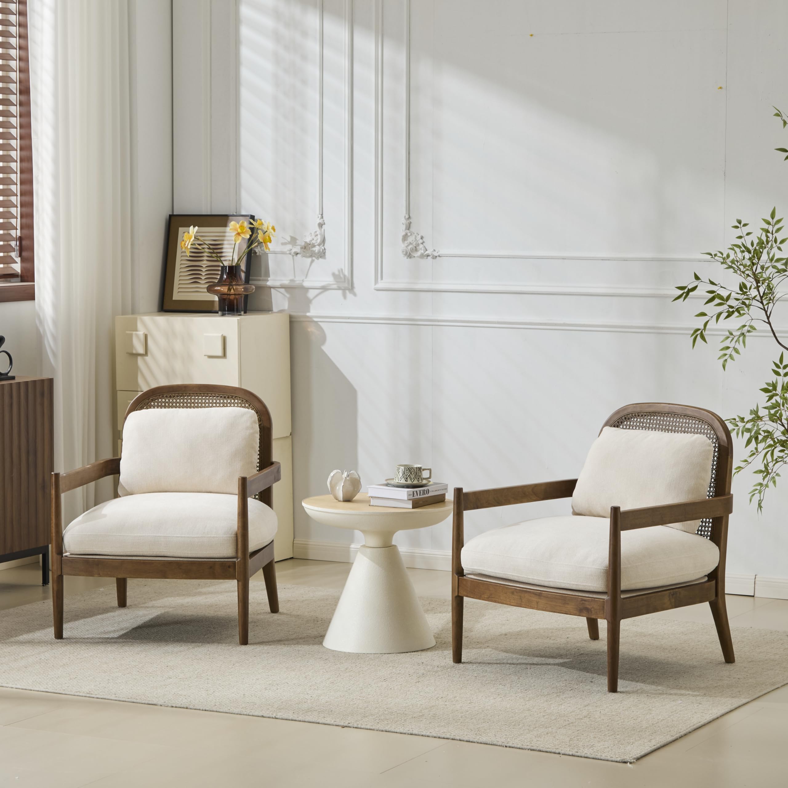 Mid-Century Club Chair Set of 2 with Rattan Back