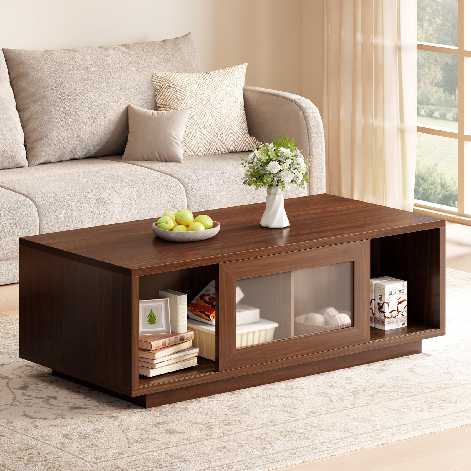 HSH Walnut Coffee Table for Living Room, 47 Inch Modern Wood Rectangle Coffee Tables with Sliding Door and Storage Open Shelf, Large Low Center Table for Home Decor