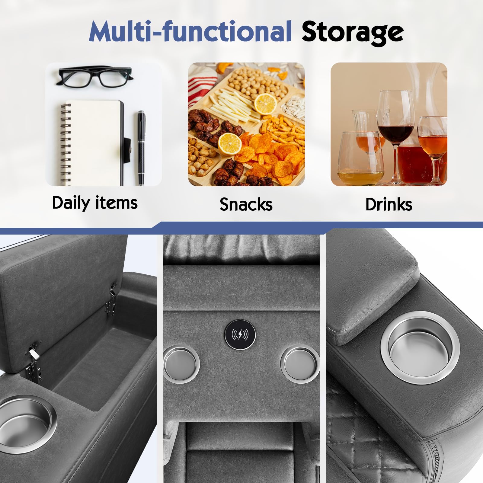 3-Seat Power Recliner Sofa with Wireless Charging & Tray Table