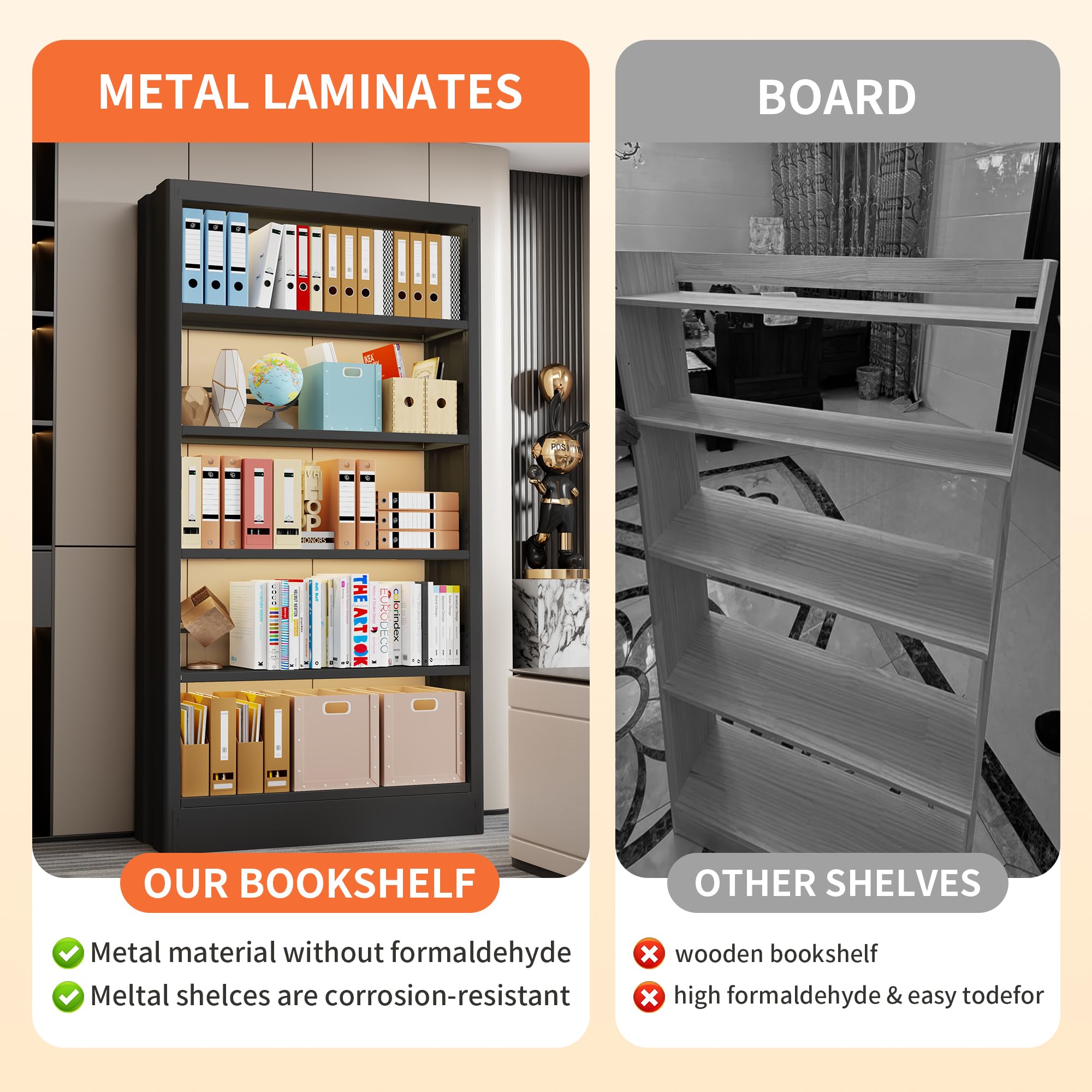 InaryLof Heavy Duty Metal Bookshelf, 71” Tall 5-Tier Bookcase, 300LB Capacity Per Shelf, Adjustable Steel Shelves, Wide Industrial Bookcase for Living Room, Home Office, Library, Garage, Black