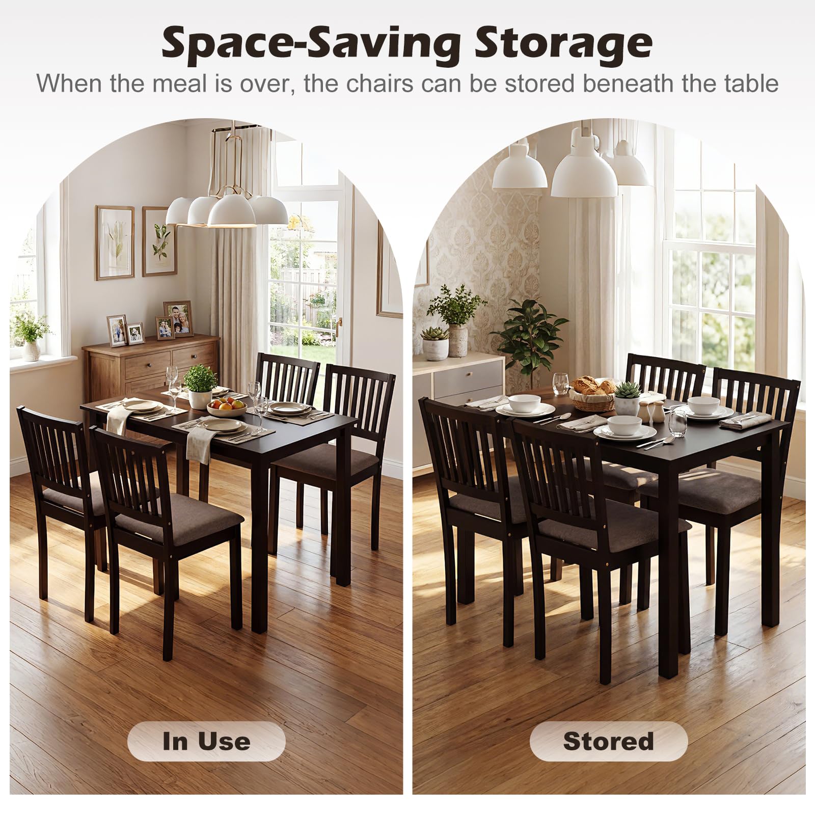 Giantex Dining Table Set for 4, Rectangular Kitchen Table Set w/4 Upholstered Chairs & Solid Rubber Wood Frame, Space-Saving Dinette Set for Small Space, Dining Room, Breakfast Nook