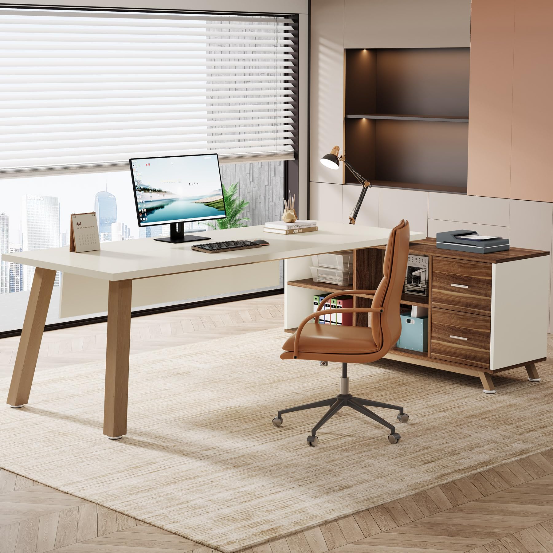 L-Shaped Desk with Storage Shelves & Drawers