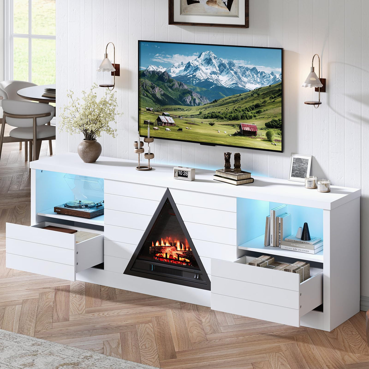 LIDYUK Fireplace TV Stand 67" Entertainment Center Fits TVs up to 75" White