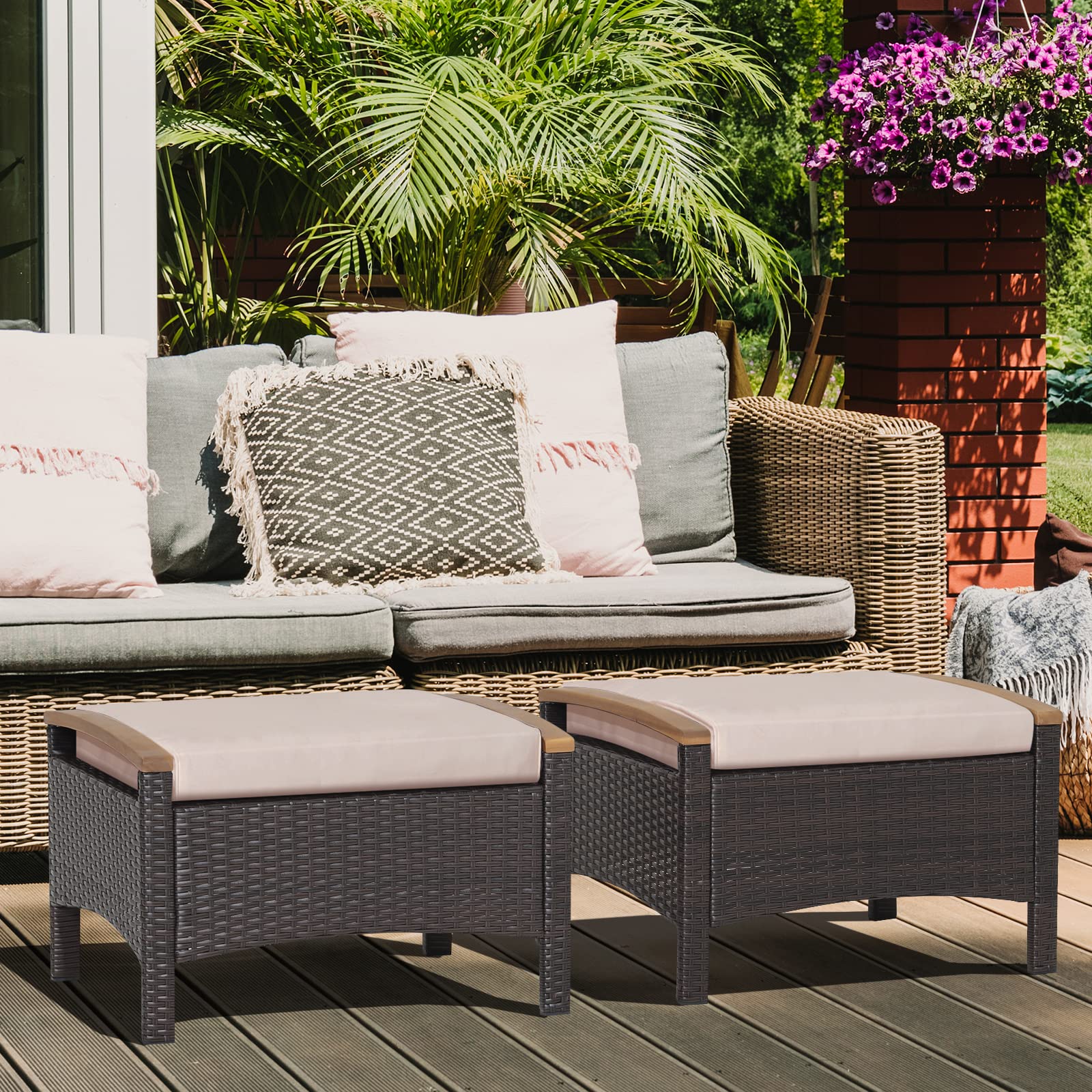 Outdoor Wicker Patio Ottomans Set of 2