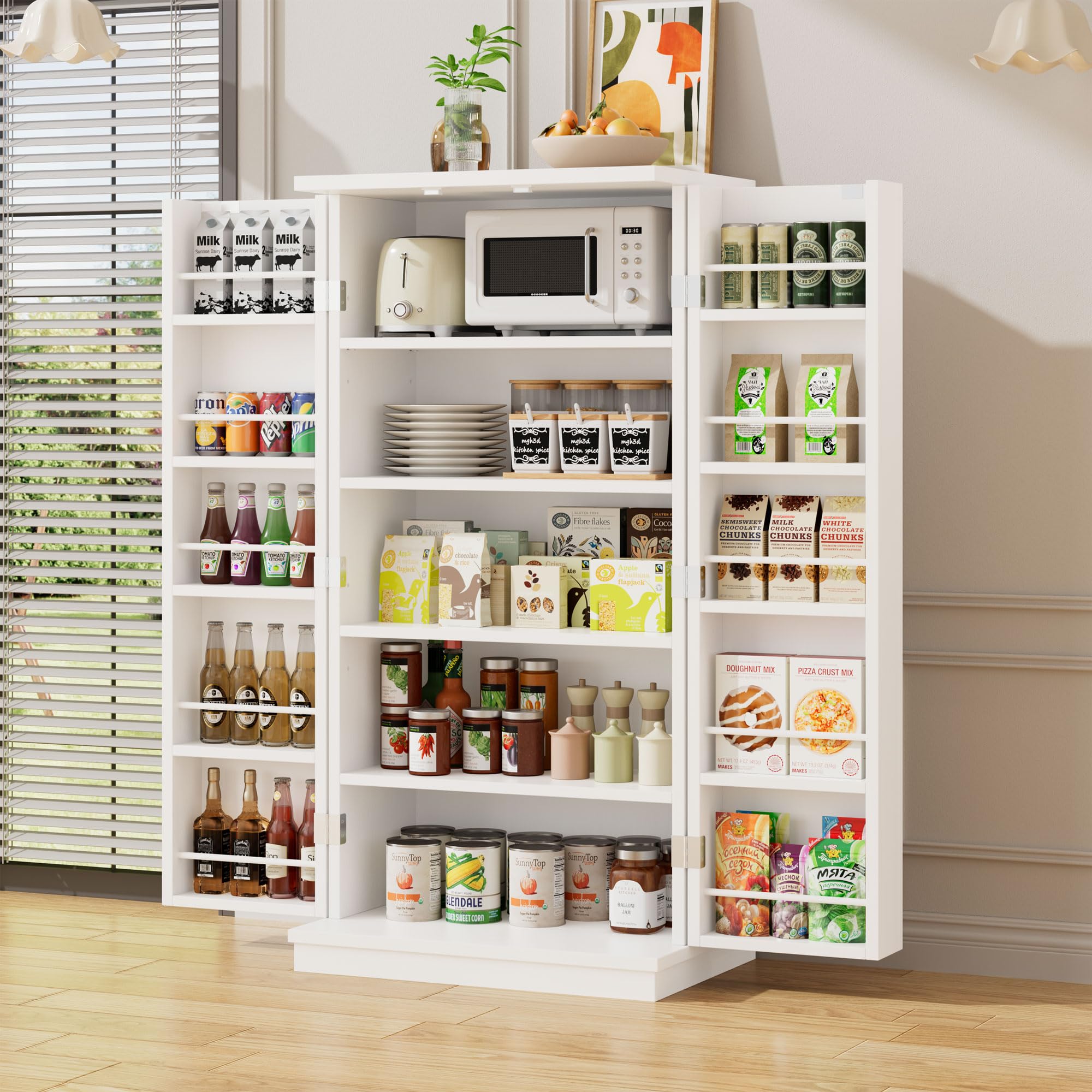Meilocar 47in Kitchen Pantry Cabinet, Wood Kitchen Storage Pantry Cabinets Freestanding Pantries Cabinets with Doors & Adjustable Shelves, White