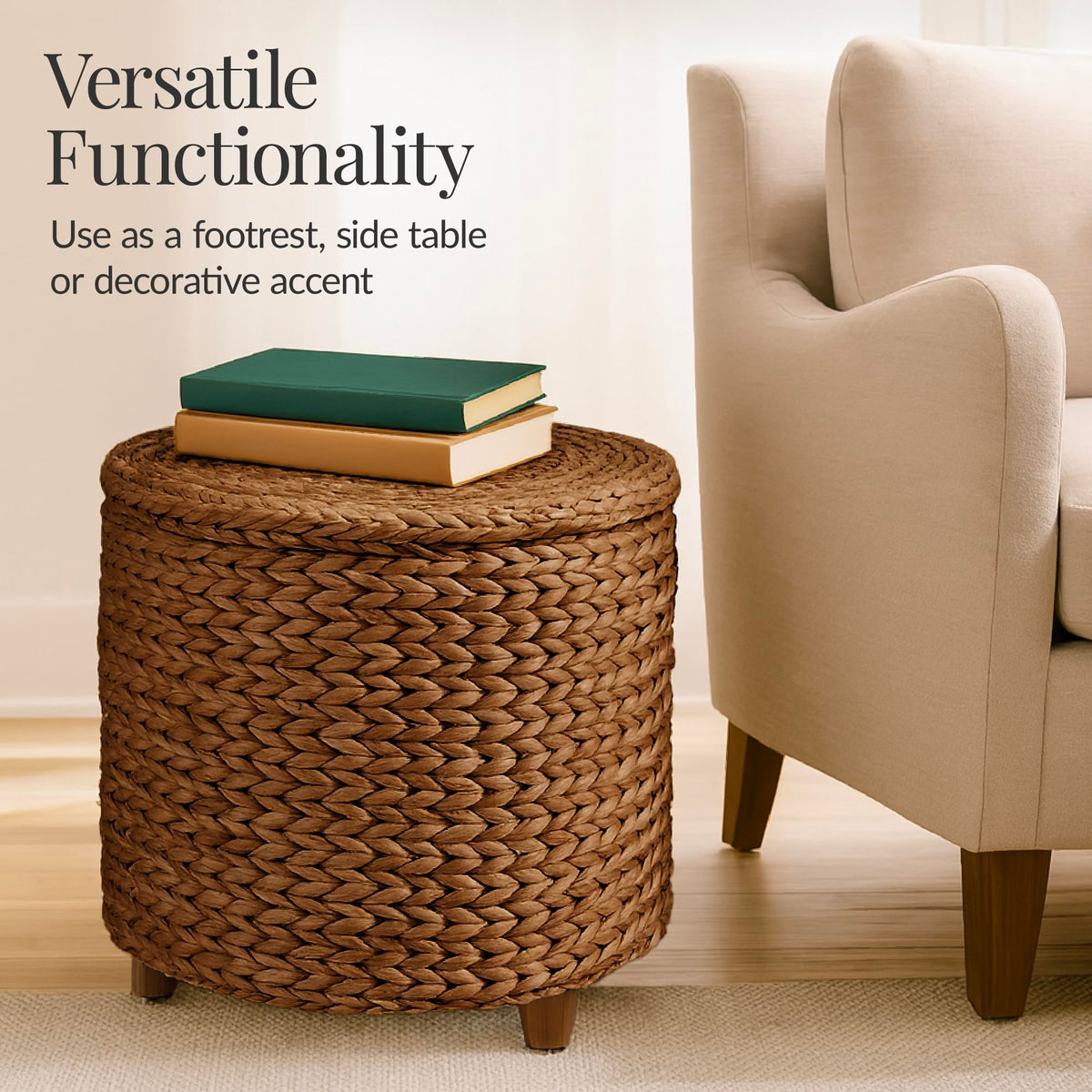 Round Water Hyacinth Storage Ottoman