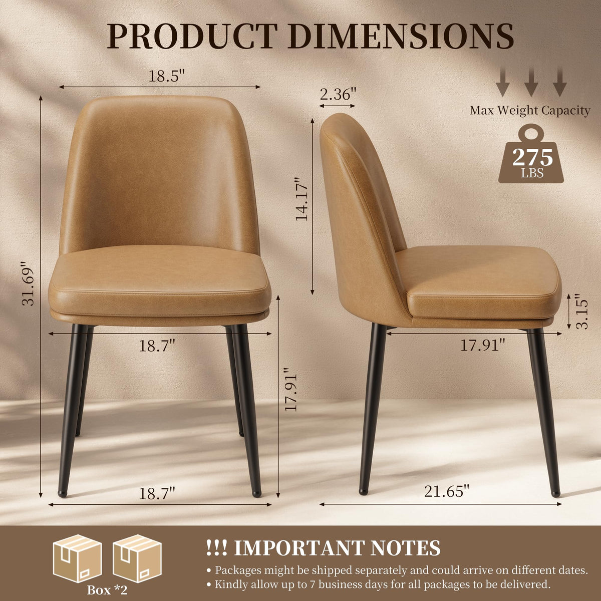 MALOL Leather Dining Chairs Set of 4 with Curved Backrest, Brown