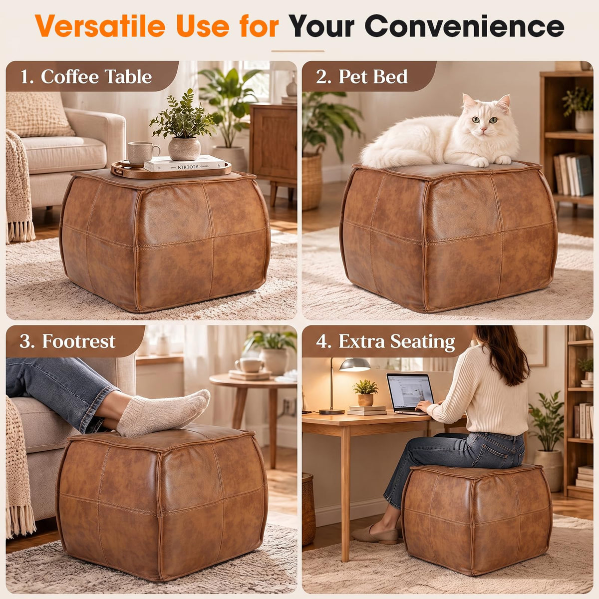 Divanus Genuine Leather Square Ottoman,Pouf for Living Room (Brown, Square)