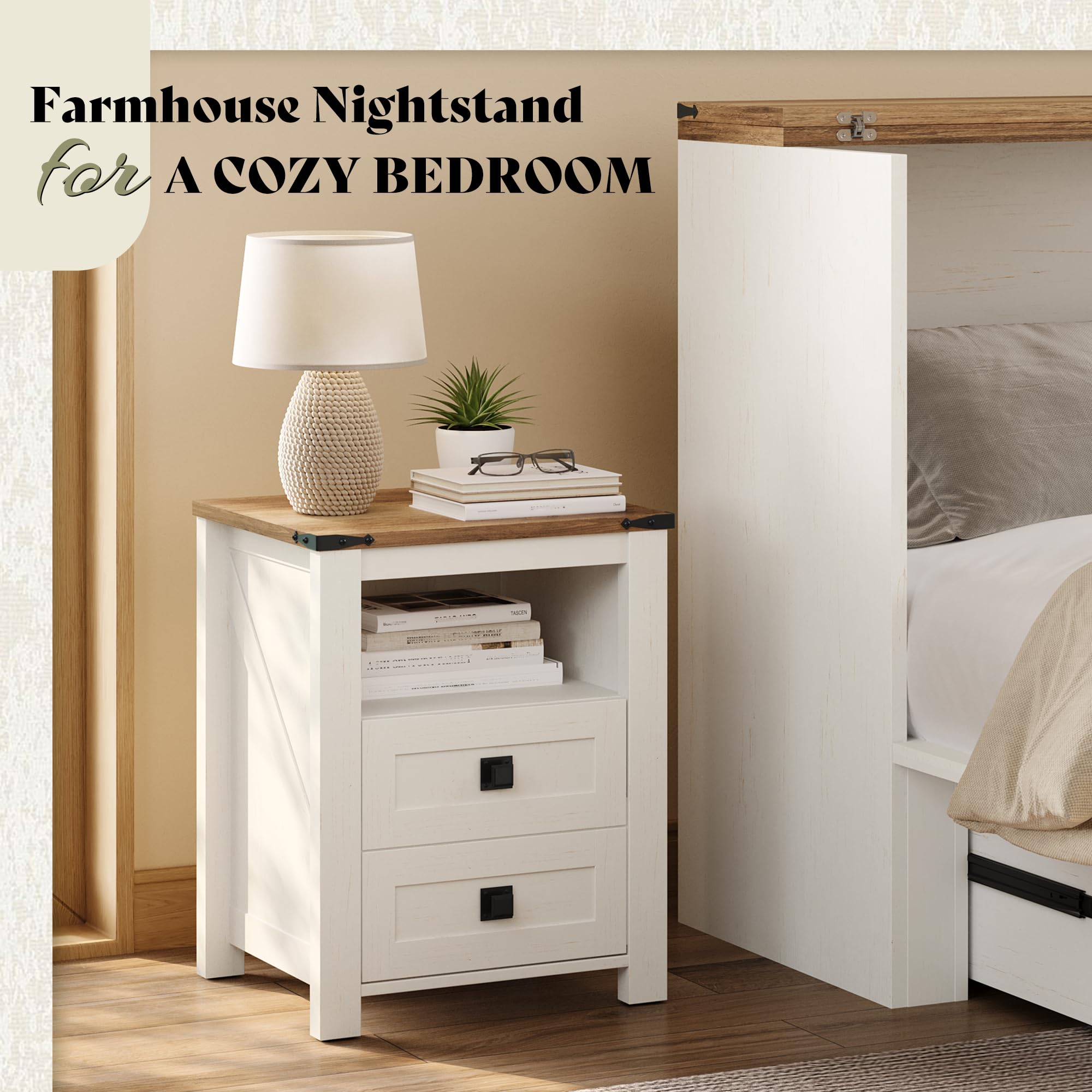 Farmhouse Nightstand Set of 2 with Drawers & Open Shelf