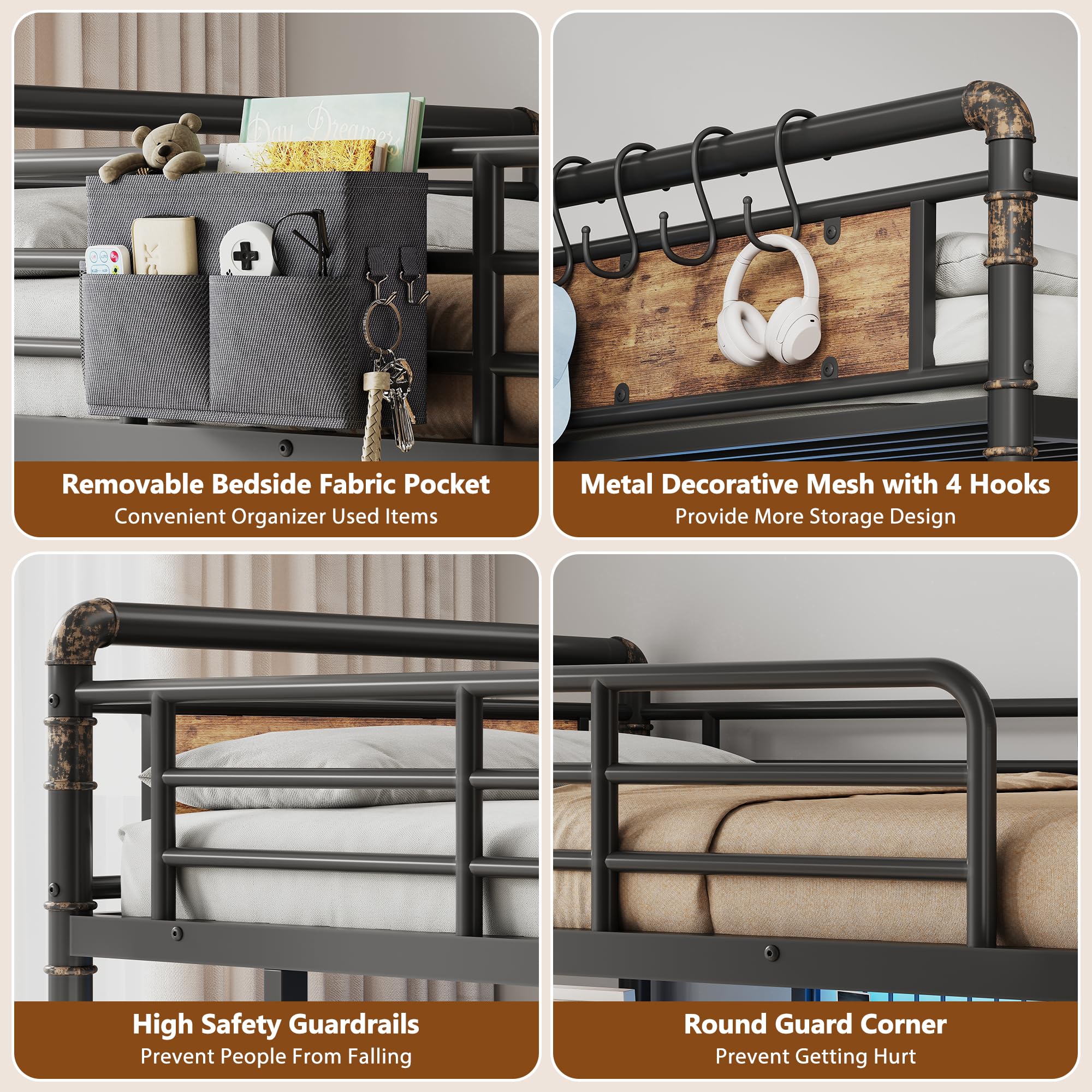 Twin Loft Bed with Desk and 8 Storage Drawers, Metal Loft Bed Twin Size with LED Lights & Charging Station, Bed Frame with Hanging Rod, Safety Guardrail & Ladder, for Kids & Teens (Rustic Brown)