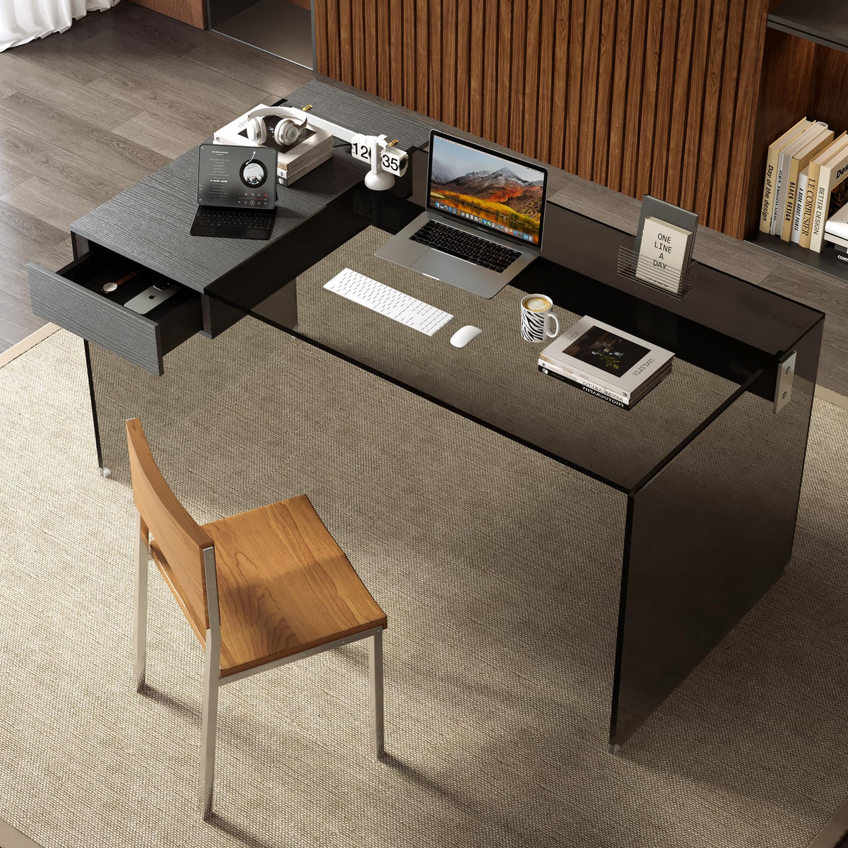Black Glass Desk with Drawer