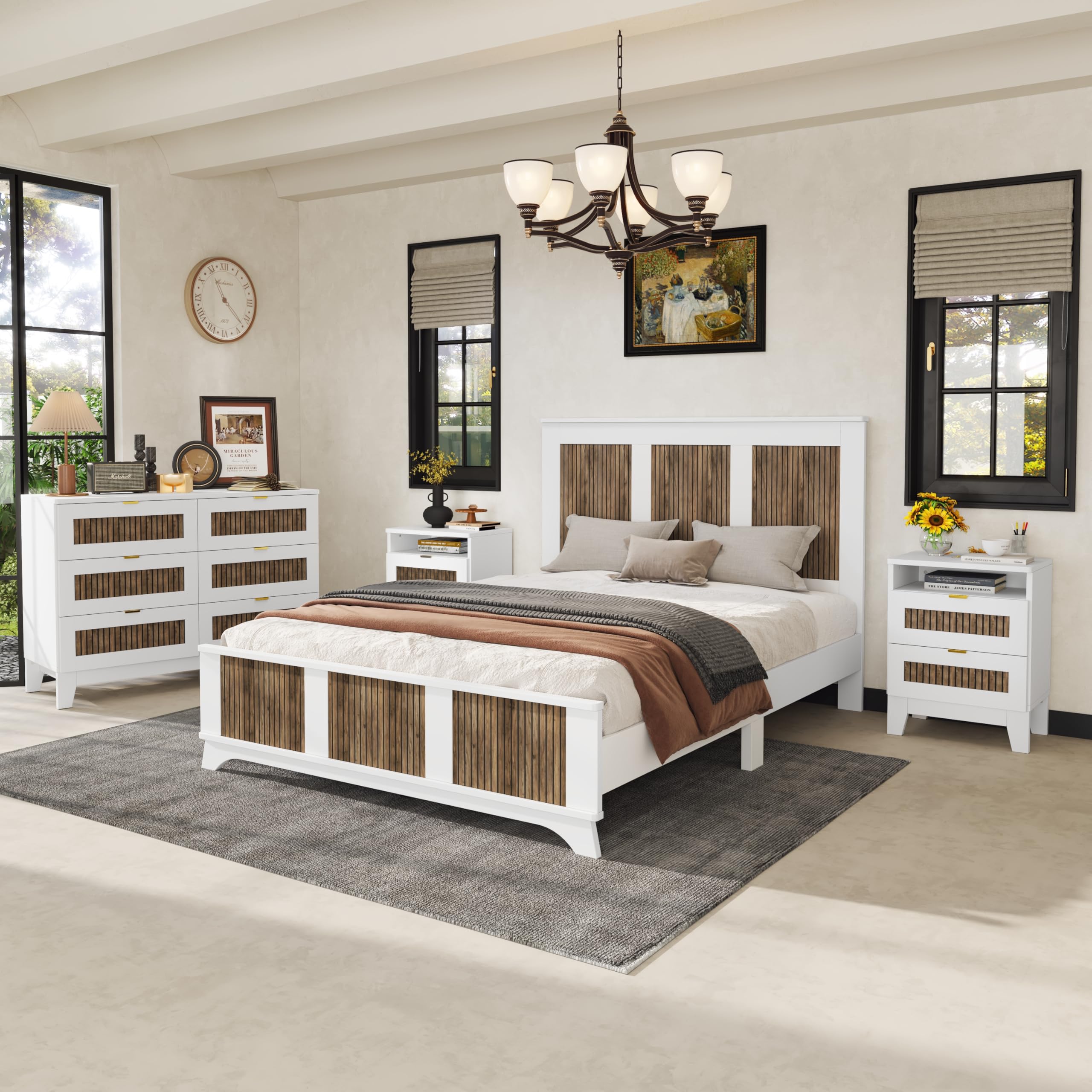 4-Pieces Queen Bedroom Sets with Wooden Strip Stickers Decoration,Wood Bed Frame with 2 Storage Nightstand 6-Drawer Dresser with Metal Handle,Farmhouse Bedroom Furniture Set,White