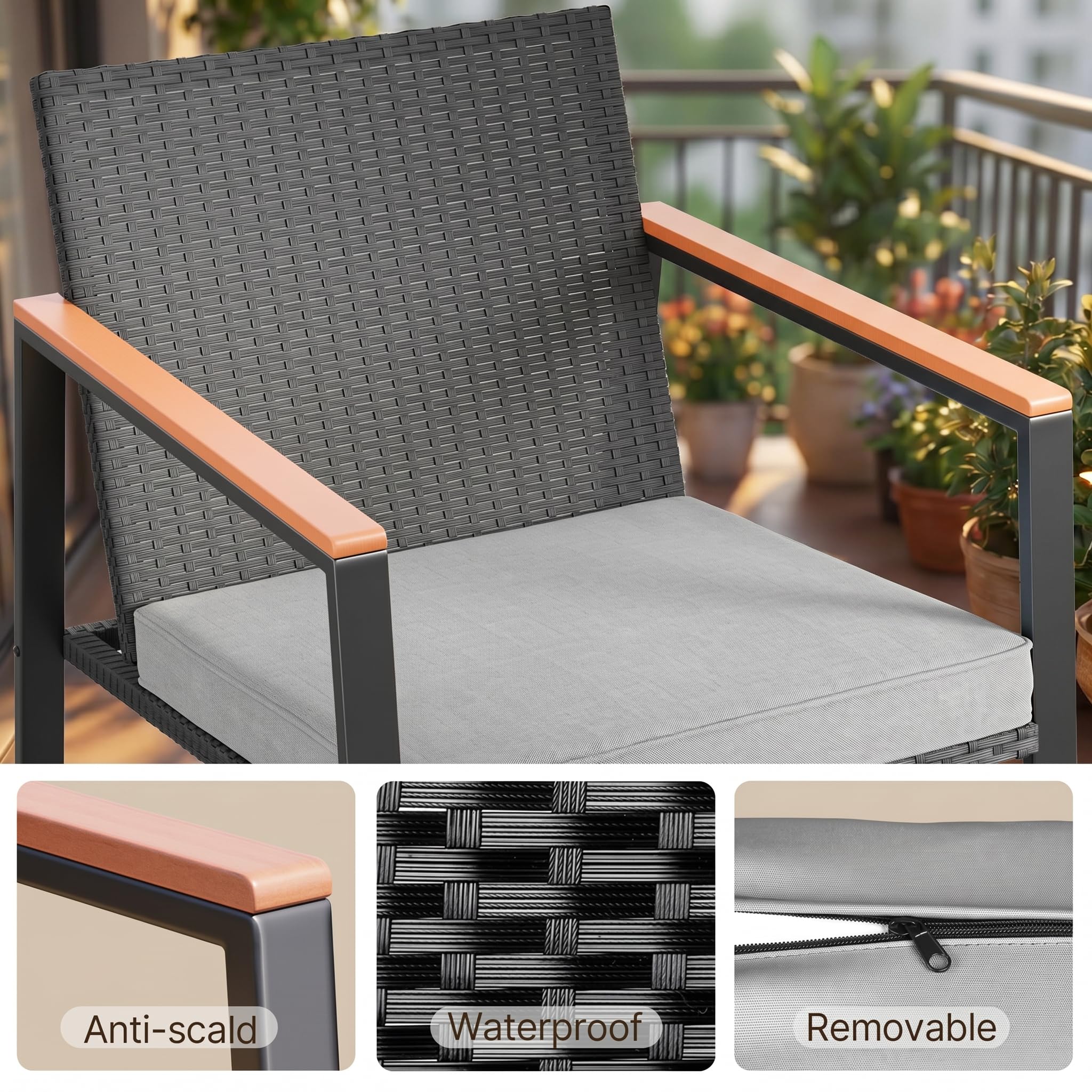 Gizoon 3 Pieces Rocking Patio Bistro Set with Anti-Scald Armrest, Outdoor Patio Wicker Furniture Set with Glass Table and Cushion for Garden, Yard, Porch