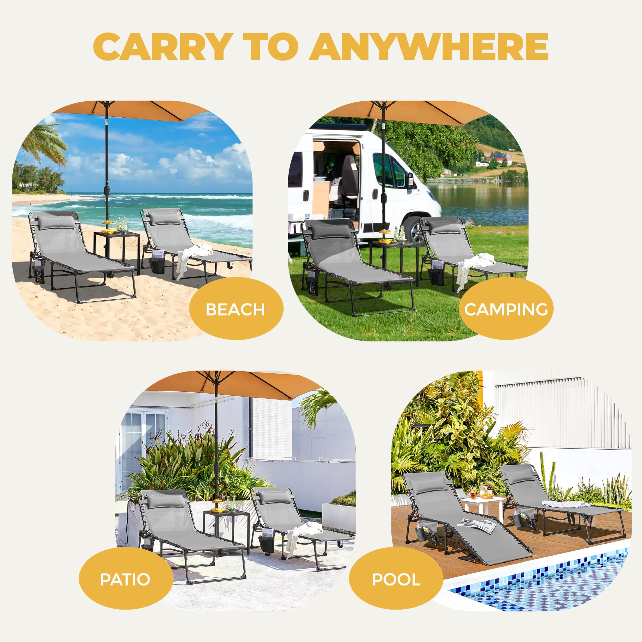 Yaheetech 26.4" Outdoor Folding Tanning Chair, Chaise Lounge Chairs with 5 Back Position Adjustable, Extended Portable Lounger for Beach, Patio, Gray