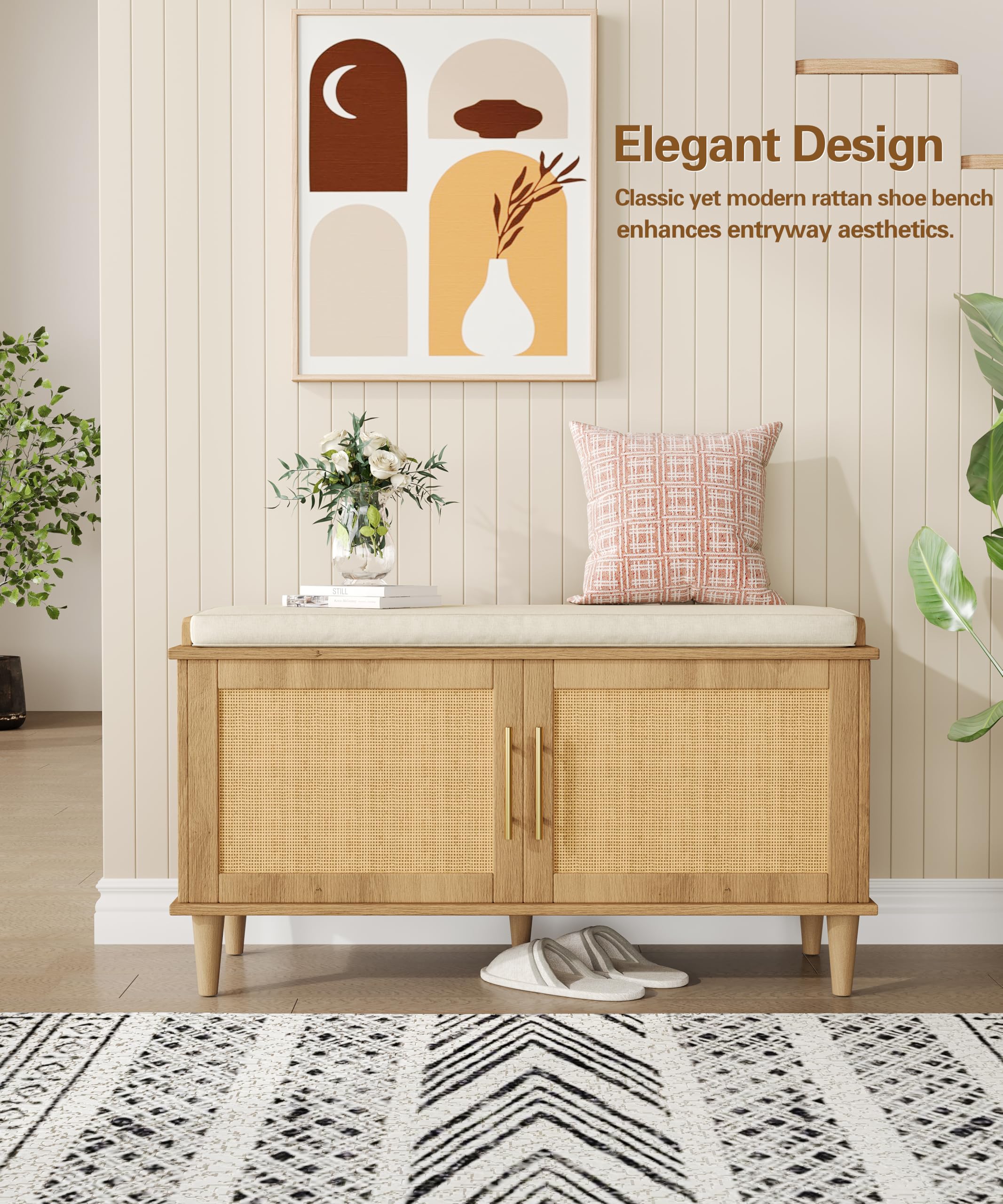 Rattan Shoe Storage Bench with Cushion