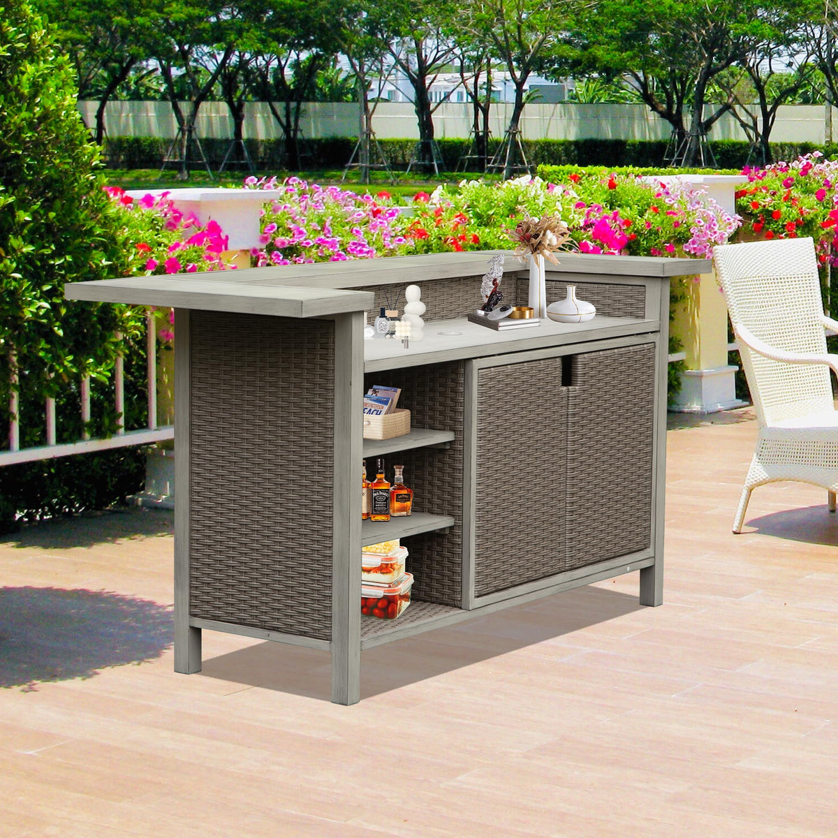 Outdoor Wicker Bar Table with Storage