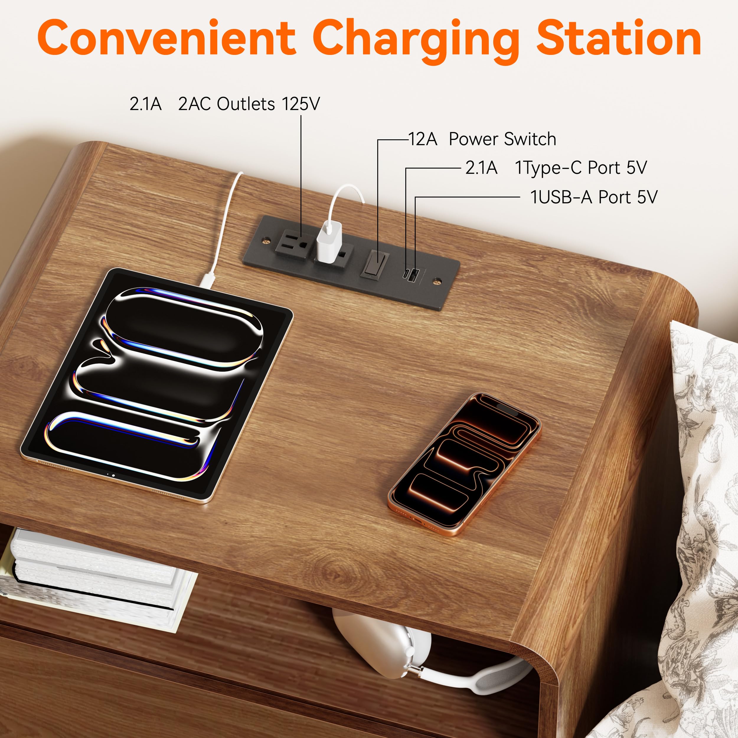 Walnut Nightstand with Hidden Drawer & Charging Station