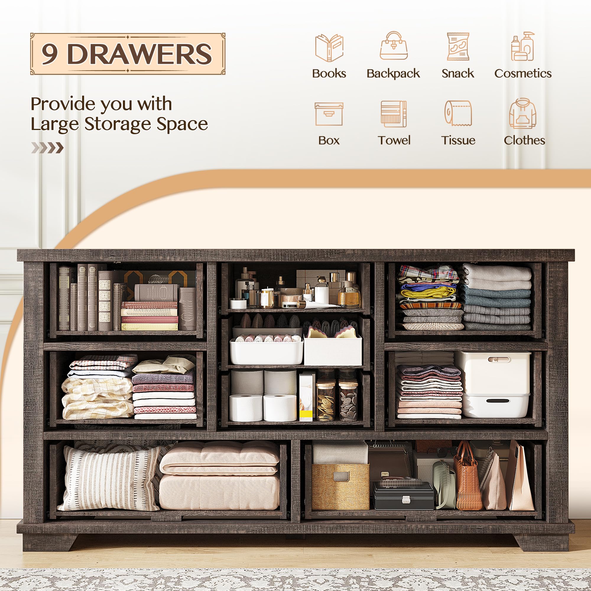 EnHomee Farmhouse 9 Drawer Dresser for Bedroom, 52" Wooden Dresser with Vintage Design, Hallway, 15.6" D x 52" W x 36" H Dark Rustic Oak