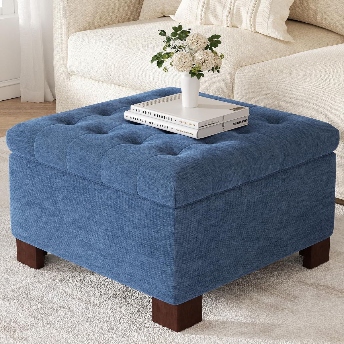 YUUIJOAA 30 Inch Square Storage Ottoman,Modern Tufted Coffee Table Ottoman with Removable Top,Upholstered Large Ottoman with Storage Footrest Stool for Bedroom Living Room Blue