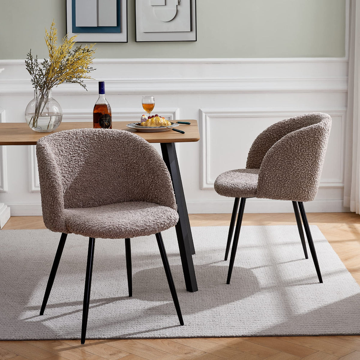 NORDICANA Accent Chairs Set of 2, Fuzzy Sherpa Dining Chairs with Barrel Back, Upholstered Faux Fur Armchairs with Black Metal Leg, Living Room Chairs (Light Brown)